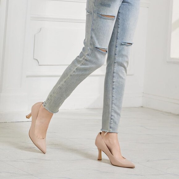 Women's Nude Patent Closed Toe High Heels Dress Pointed Toe Wedding Pump Shoes - Picture 7 of 7